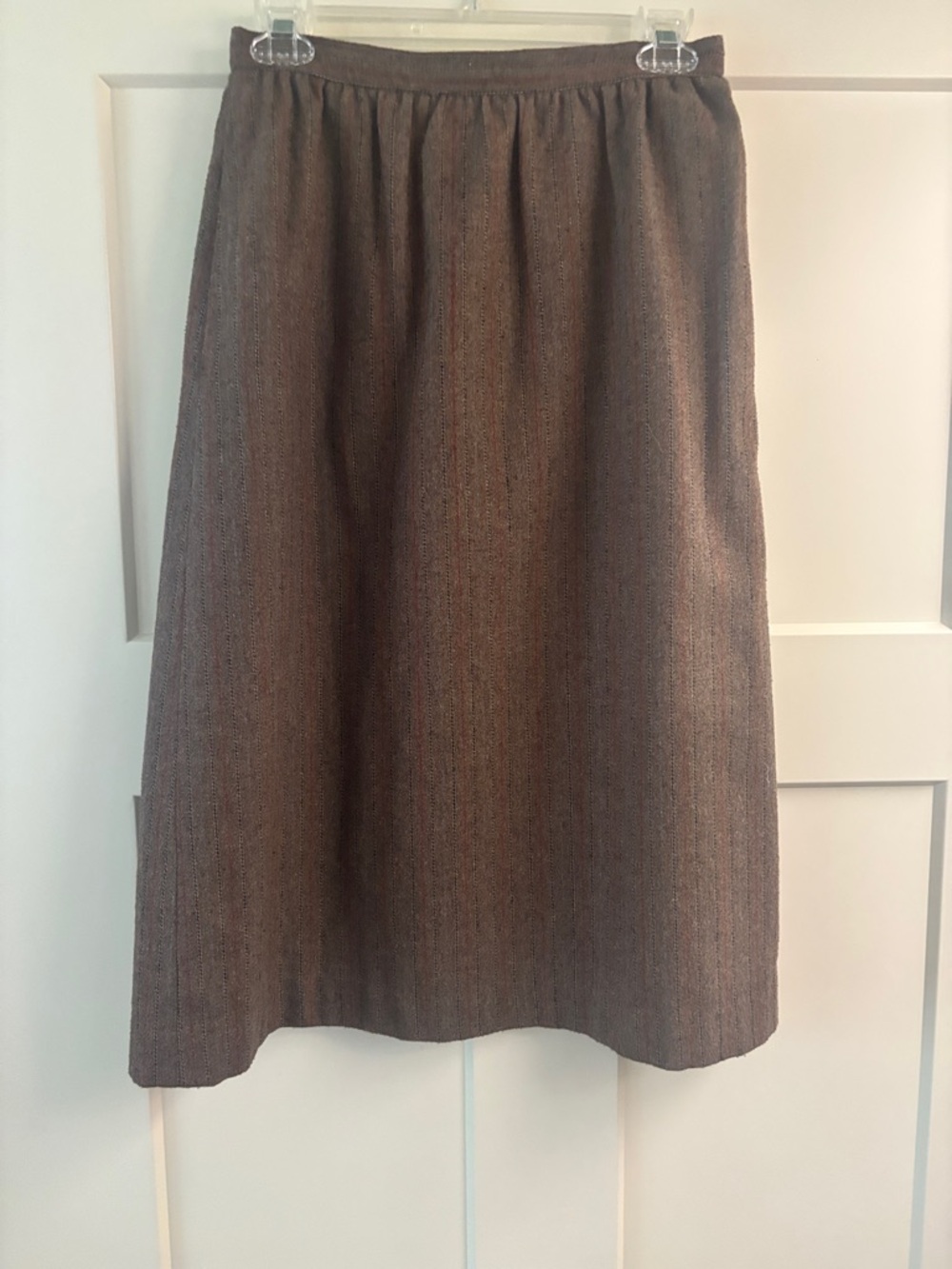 Vintage 80s brown wool blend striped midi skirt with pockets
